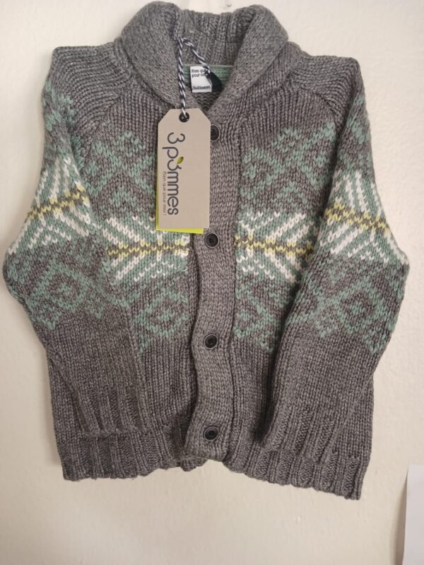 Gilet Tricot Gris-3 Pommes Gris Jacquard-6/ 9mois