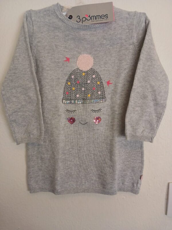 Robe 3 Pommes en tricot- 6 / 9 mois- Gris Doux