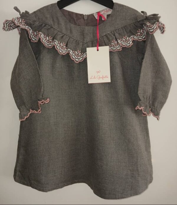 Robe fillettes grise brodée de rose Lulu Gaufrette 1an