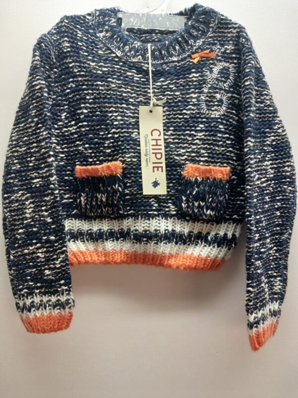 Pull- Chipie- Bleu Chiné à Rayures Orange et Blanc-2 /3 ans
