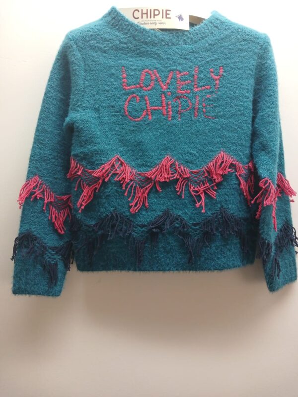 Pull- Chipie-Bleu à Franges Rouges et Noires- 2 /3 ans