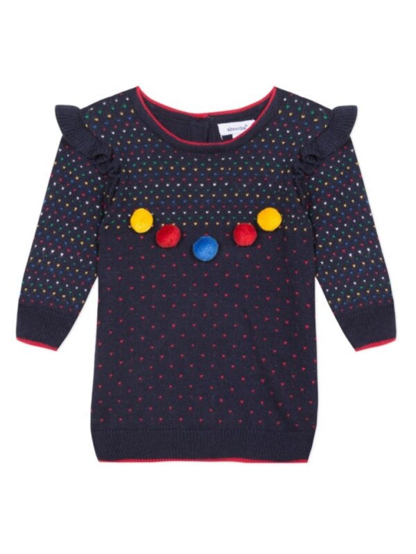 Robe Tricot -Absorba- Marine à pois rouge et pompons- 6 Mois