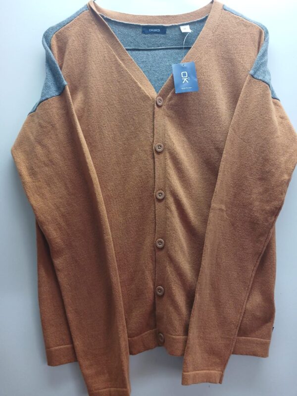 Gilet- Okaidi-Manches Longues- Ocre et Gris- 14ans