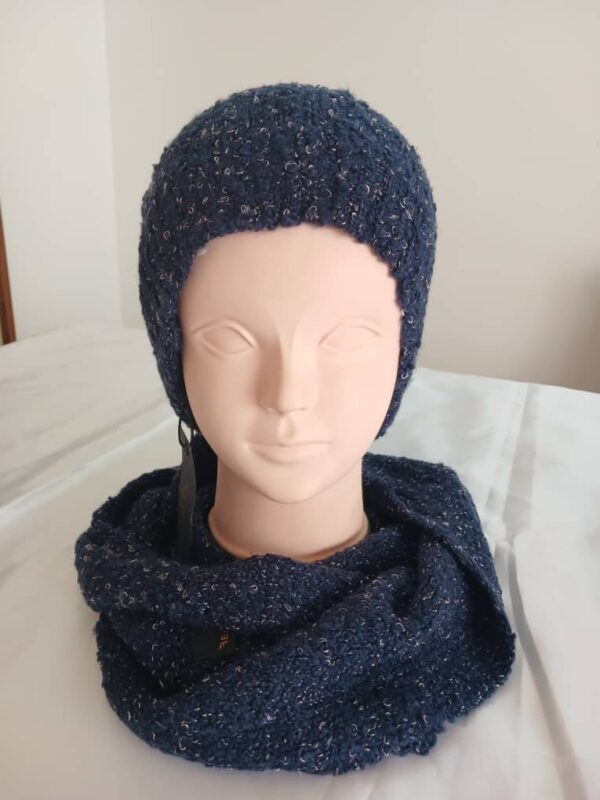 Ensemble Bonnet et Snood- Maille Marine - Pompon- 16/ 18
