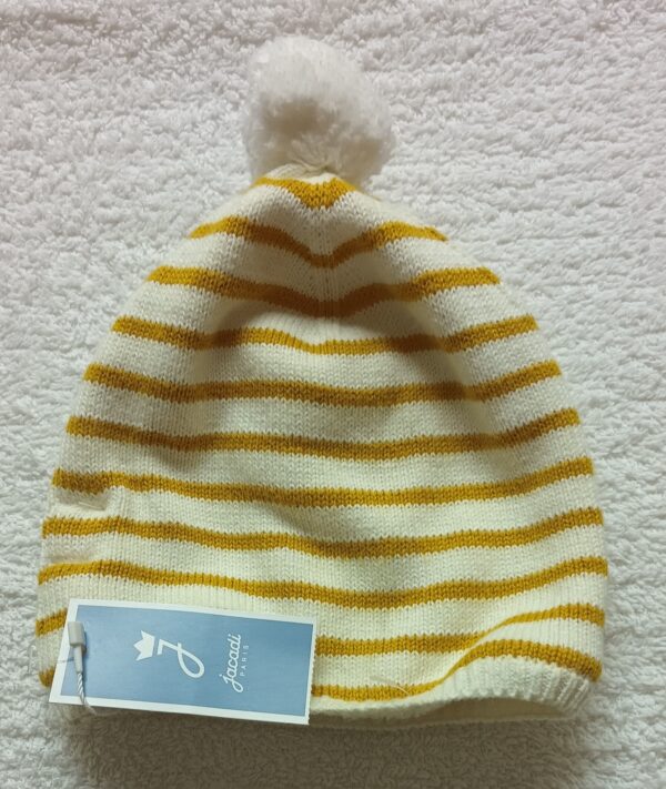 Bonnet Bébé-Jacadi- Rayures Moutarde et Crème- Pompon- 41 /47
